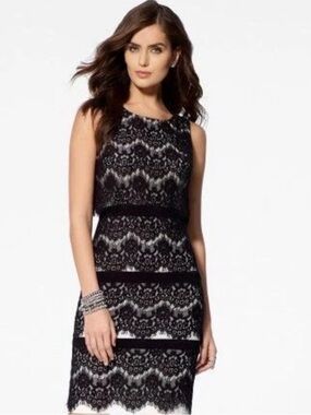 XSCAPE for CACHE NWT Black White Scalloped Tiered Lace Cocktail Dress  Size 6